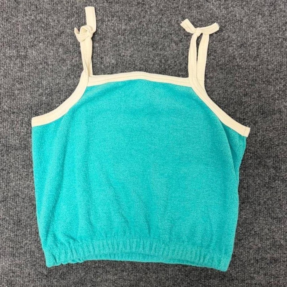 Vintage 70s Sears Jr Bazaar Turquoise Terry Cloth Tank Top Tie Strap Small